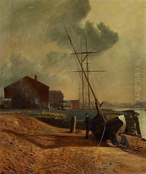 Two Men And Their Boat "tina" At Trangraven, Christianshavns Kanal In Copenhagen Oil Painting by Olof Krumlinde