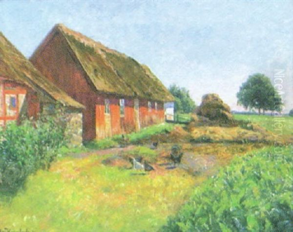 Gardsmotiv Med Pickande Hons Oil Painting by Olof Krumlinde