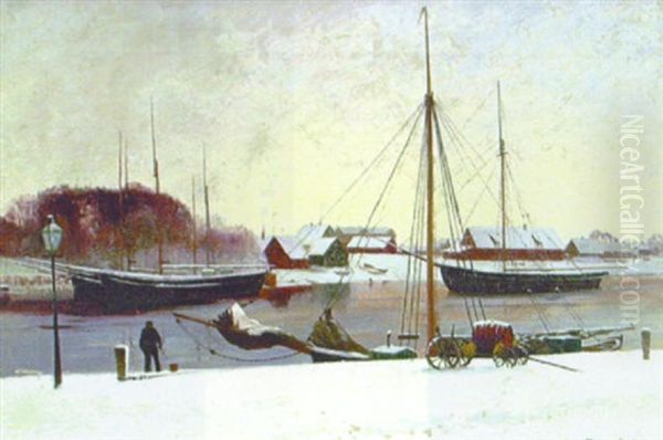 Hamnparti, Vinter (raa Hamn?) Oil Painting by Olof Krumlinde