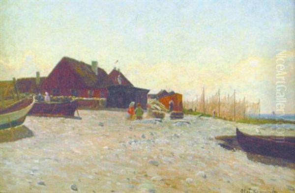 Motiv Fran Molle Hamn, I Forgrunden Tva Lekande Barn Oil Painting by Olof Krumlinde