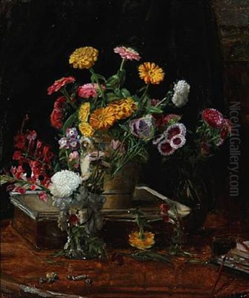 Still Life With Flowers On A Table Oil Painting by Ole Kruse