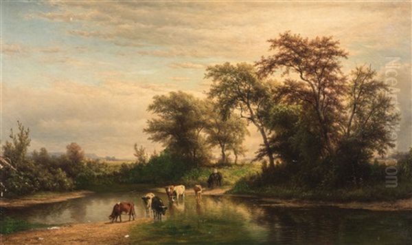 Landscape W/ Cows Oil Painting by Hendrik Dirk Kruseman van Elten