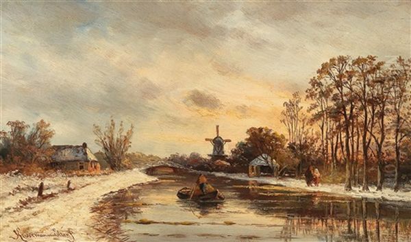 Winter Landscape With Windmill Oil Painting by Hendrik Dirk Kruseman van Elten