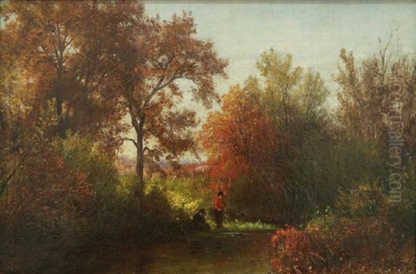 Fall Landscape With Boy Fishing In A Brook Oil Painting by Hendrik Dirk Kruseman van Elten