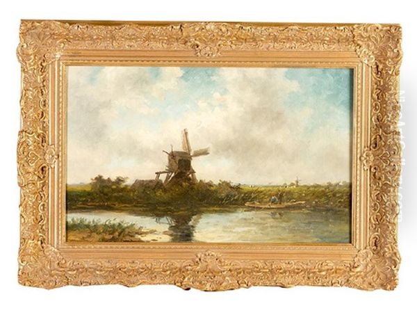 Dutch Landscape With Windmill And Couple On A Boat By River Oil Painting by Hendrik Dirk Kruseman van Elten