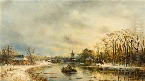 Winter River Landscape With Figures And Mill Oil Painting by Hendrik Dirk Kruseman van Elten