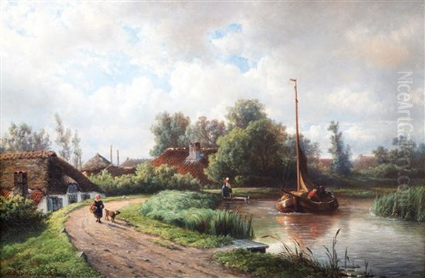 Farms Along A Dyke On A Summer Day Oil Painting by Hendrik Dirk Kruseman van Elten