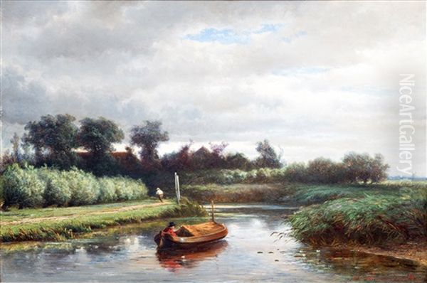 Summer Landscape Along A Canal Oil Painting by Hendrik Dirk Kruseman van Elten