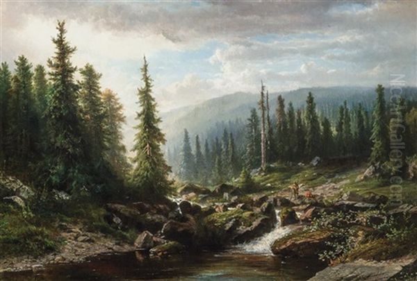 Fishing In The Rapids Oil Painting by Hendrik Dirk Kruseman van Elten