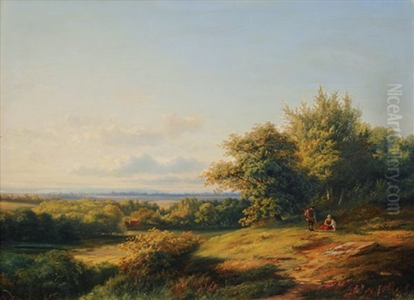 Figures In A Vast Summer Landscape Oil Painting by Hendrik Dirk Kruseman van Elten