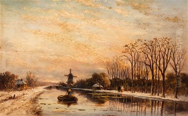 Dutch Canal On A Winters Day Oil Painting by Hendrik Dirk Kruseman van Elten