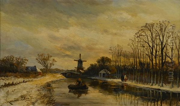 A Winter Landscape With A Boat On A River And A Windmill In The Distance Oil Painting by Hendrik Dirk Kruseman van Elten