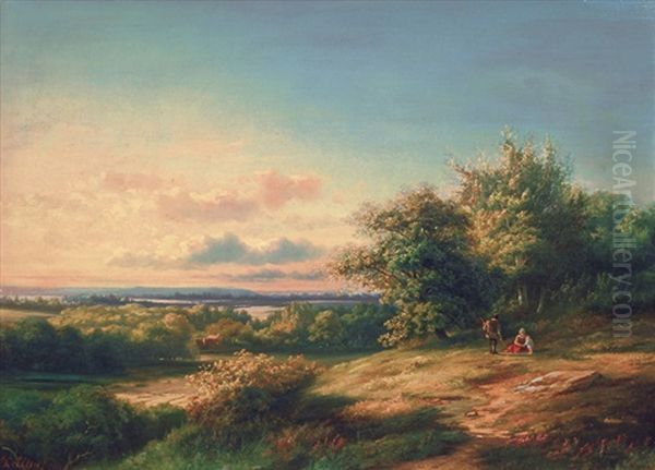 Figures In A Vast Summer Landscape Oil Painting by Hendrik Dirk Kruseman van Elten