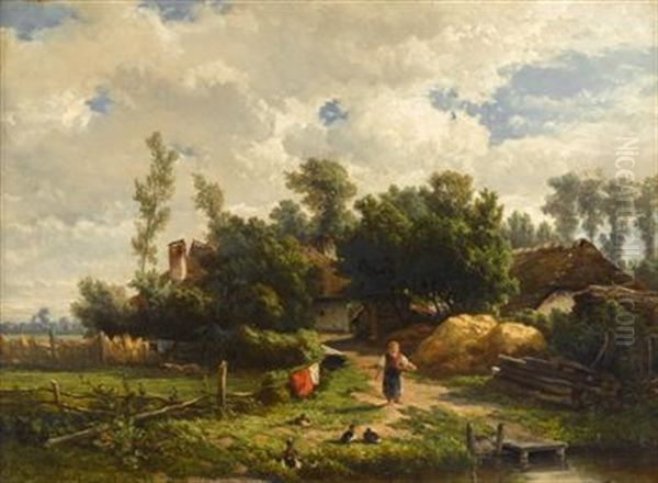 Feeding The Ducks Oil Painting by Hendrik Dirk Kruseman van Elten