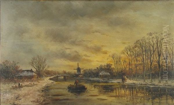 Winter Landscape With A Boat On A Canal And A Windmill In The Background Oil Painting by Hendrik Dirk Kruseman van Elten