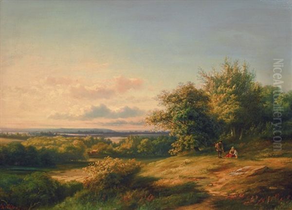 Summer Landscape With Figures Oil Painting by Hendrik Dirk Kruseman van Elten