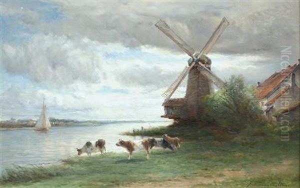 Cattle Watering Before A Windmill Oil Painting by Hendrik Dirk Kruseman van Elten