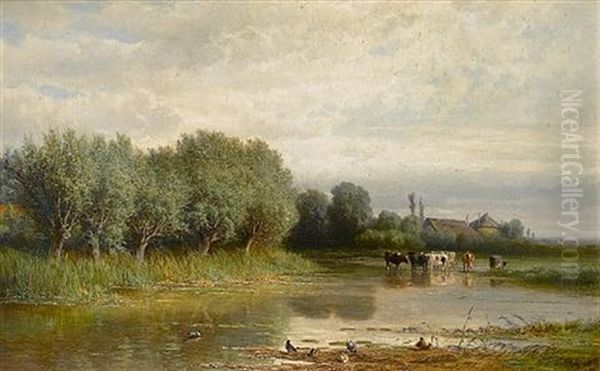 River Landscape With Cattle Watering Oil Painting by Hendrik Dirk Kruseman van Elten