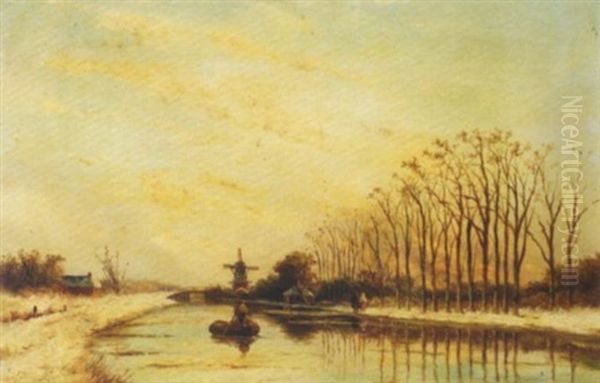 Inland Waterway At Dusk With A Windmill In The Distance Oil Painting by Hendrik Dirk Kruseman van Elten