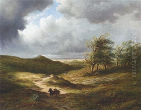 After The Storm: Travellers On A Path In An Extensive Undulating Landscape Oil Painting by Hendrik Dirk Kruseman van Elten