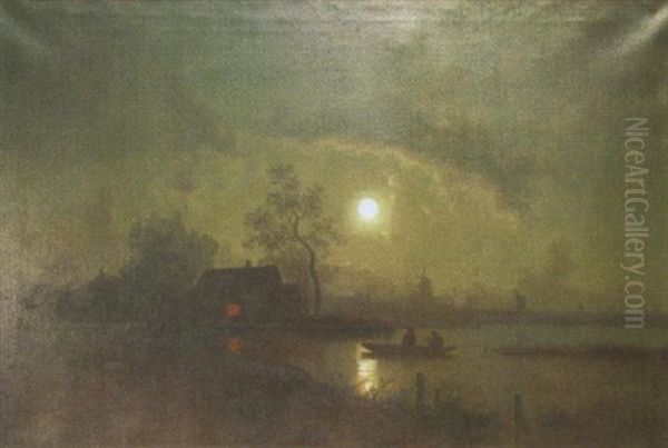 Nocturnal Landscape With Boaters On Lake, House And Windmill In Background Oil Painting by Hendrik Dirk Kruseman van Elten