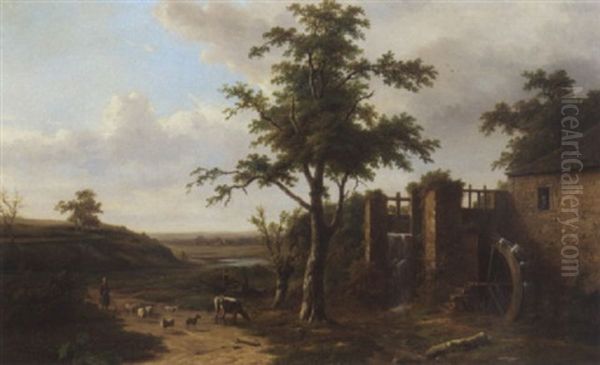 A Panoramic Landscape With A Peasant Woman And Cattle Near A Watermill Oil Painting by Hendrik Dirk Kruseman van Elten