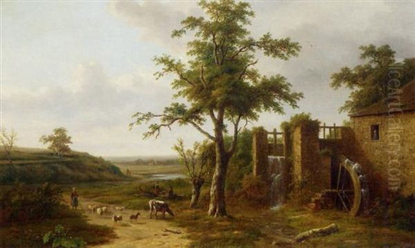 A Panoramic Landscape With A Peasant Woman And Cattle Near A Watermill Oil Painting by Hendrik Dirk Kruseman van Elten