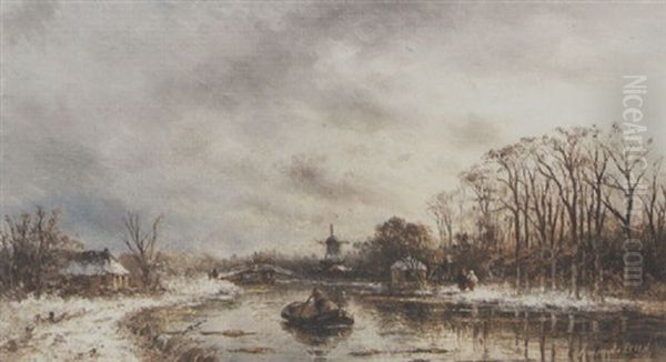 Winter Landscape With Boat On A River And A Windmill In The Background Oil Painting by Hendrik Dirk Kruseman van Elten