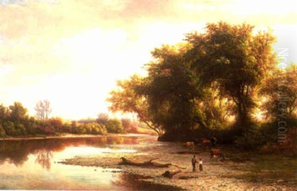 Children With Cows On A Riverbank Oil Painting by Hendrik Dirk Kruseman van Elten