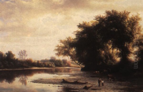 Children With Cows On A Riverbank Oil Painting by Hendrik Dirk Kruseman van Elten