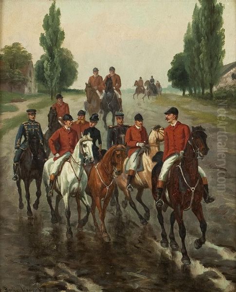 Parforcereiter Undsoldaten Auf Einer Dorfstrase Oil Painting by August Becker-Heyer