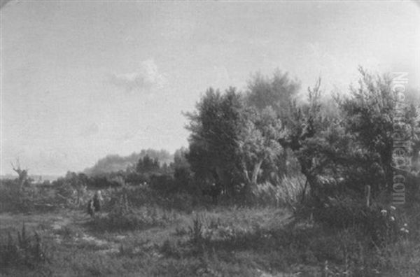 A Wooded Landscape With A Peasantwoman, A Child An A Cow, A Wind-mill Beyond Oil Painting by Hendrik Dirk Kruseman van Elten