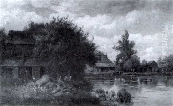 Farmyard Beside A Pond Oil Painting by Hendrik Dirk Kruseman van Elten