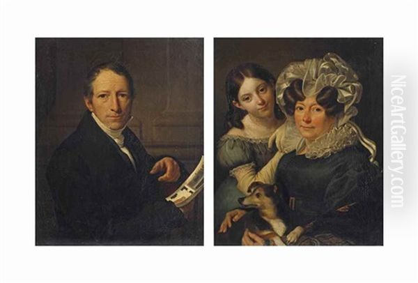 Portrait Of Hendrik De Valk (1774-1833); And Portrait Of Aletta Anthonia Van Pleuren (1776-1843) And Sara De Valk Oil Painting by Cornelis Kruseman