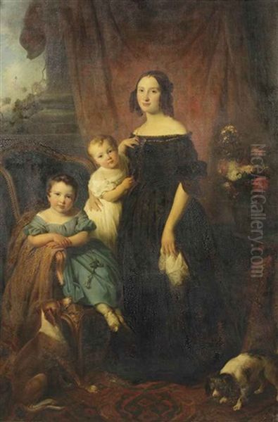 Portrait Of Cornelia Wilhelmina Cheriex-nicola (1814-1908) And Her Daughters Catharine Nicola (1839-1868) And Wynanda Nicola (1837-1921) Oil Painting by Cornelis Kruseman