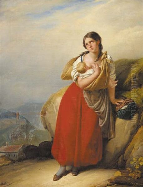 Het Gevallen Meisje: A Young Mother And Her Infant In A Mountain Landscape by Cornelis Kruseman