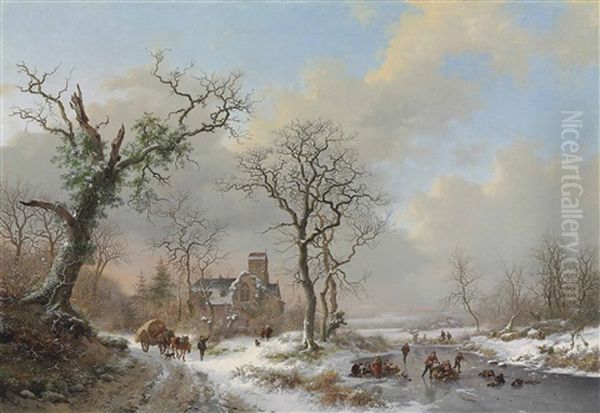 Winter Landscape With Skaters And A Covered Wagon Near A Church Oil Painting by Frederik Marinus Kruseman