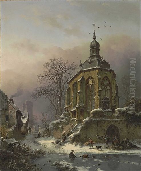 Figures At Work In A Winter Landscape, An Approaching Storm Beyond Oil Painting by Frederik Marinus Kruseman