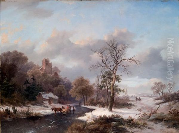 Paysage D'hiver A La Riviere Gelee Oil Painting by Frederik Marinus Kruseman