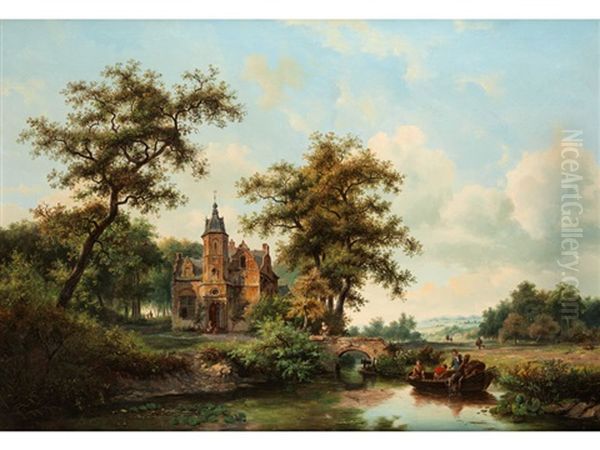 Weite Landschaft Mit Fluss, Fischern Und Kleinem Waldschlosschen Oil Painting by Frederik Marinus Kruseman