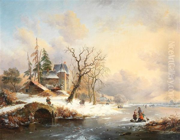 Winter Landscape With Figures Near A Mansion Oil Painting by Frederik Marinus Kruseman