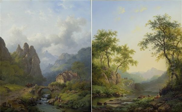 Pair Of Works: Rocky Mountain Valley With Travellers / Herders With A Herd At A Stream With Ruins In The Background Oil Painting by Frederik Marinus Kruseman