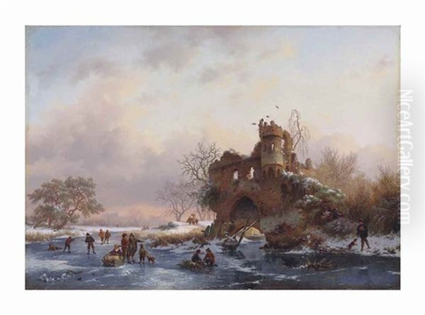 Winter Landscape With Skaters Near A Dilapidated Castle Oil Painting by Frederik Marinus Kruseman