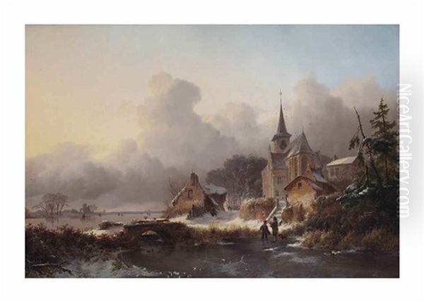 A Winter's Day In The Village With Figures On The Ice Oil Painting by Frederik Marinus Kruseman