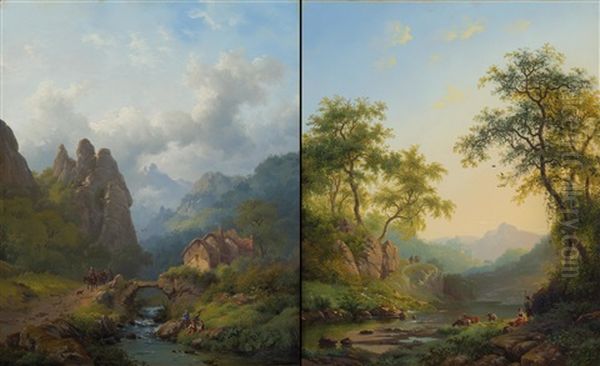 Pair Of Works: Rocky Mountain Valley With Travellers / Herders With A Herd At A Stream With Ruins In The Background by Frederik Marinus Kruseman