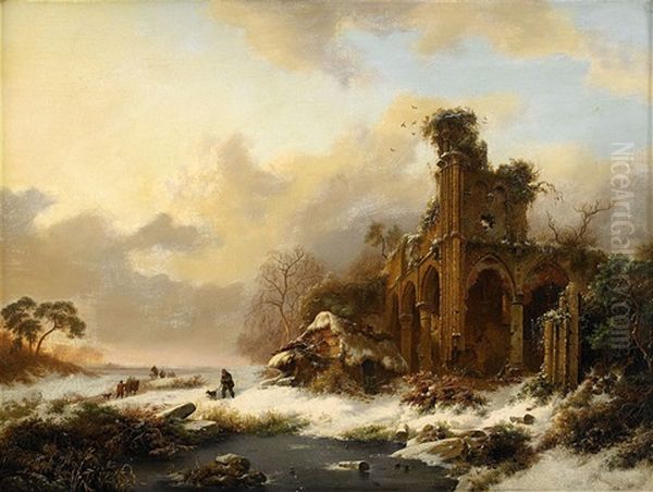 Winter Landscape With Castle Ruin Oil Painting by Frederik Marinus Kruseman