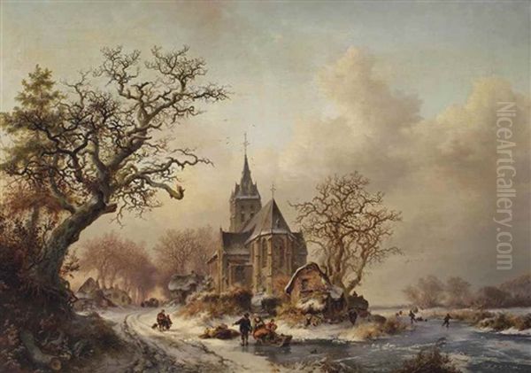 A Winter Landscape With Activities Around A Village Oil Painting by Frederik Marinus Kruseman