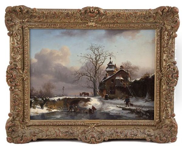 Figures Skating On A Frozen River Oil Painting by Frederik Marinus Kruseman