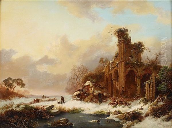 Winter Landscape With Castle Oil Painting by Frederik Marinus Kruseman