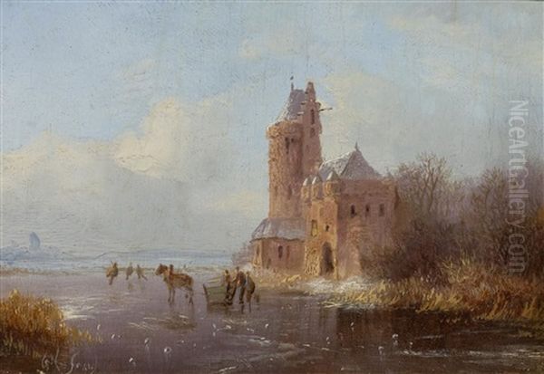 A Winter Landscape With Figures On A Frozen Lake Oil Painting by Frederik Marinus Kruseman